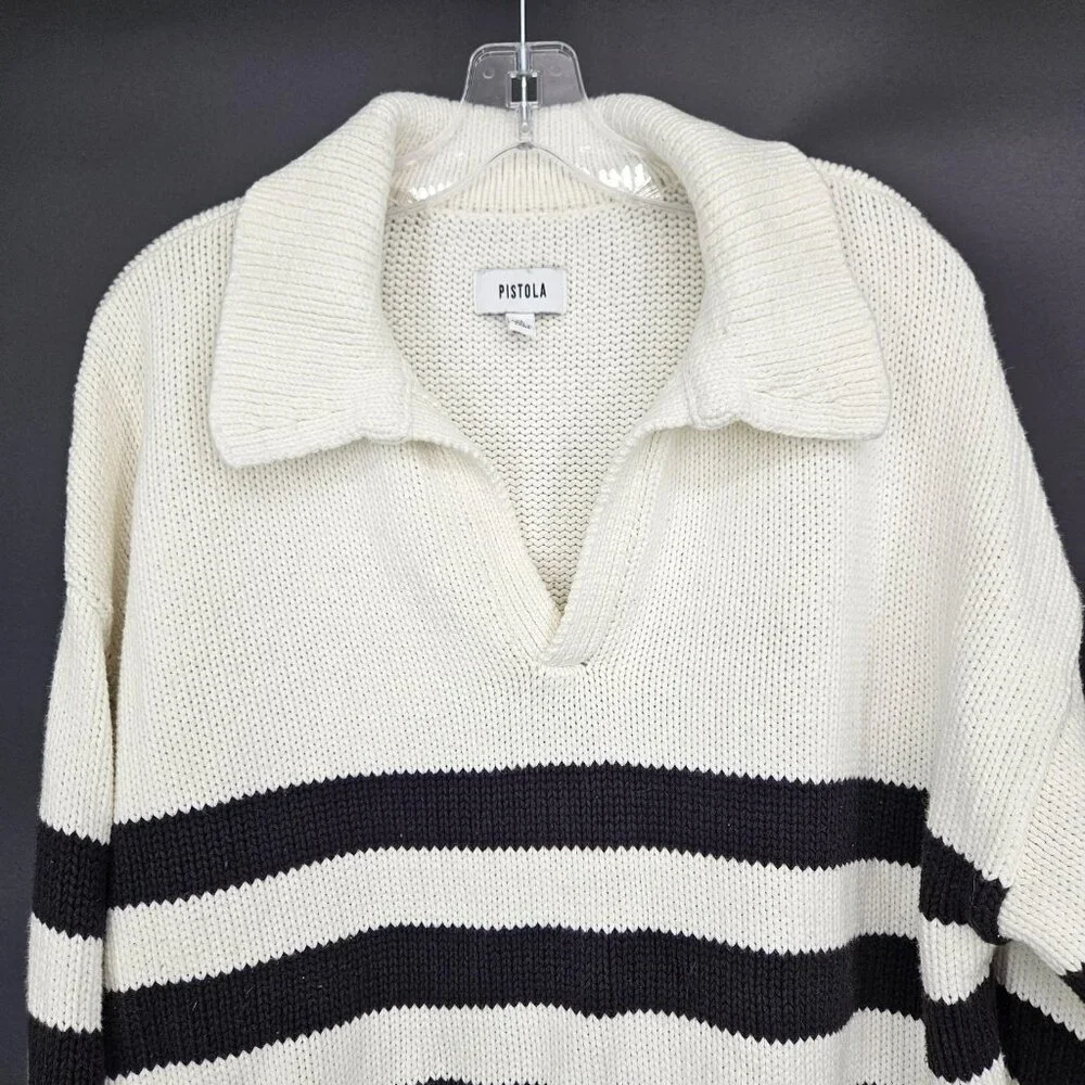 Pistola Sweater Womens XL Midnight Cream Stripe Collared Knit Pullover Academia - Picture 2 of 10